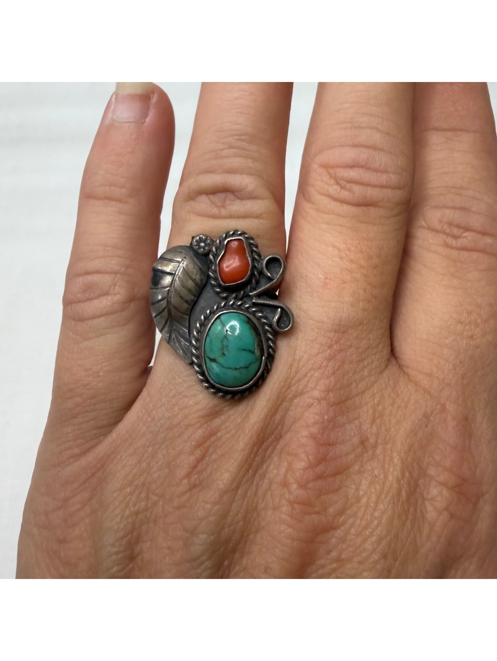 Navajo turquoise & coral sterling silver ring size 6 vintage 50s/60s